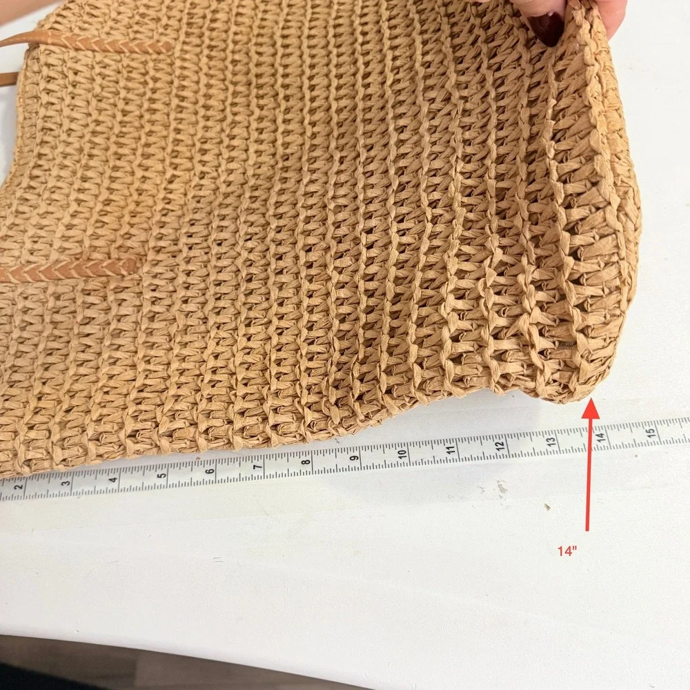 H&M Women Woven Paper Straw Tote Bag OS Tan Faux Leather Trim Zip Top Resort